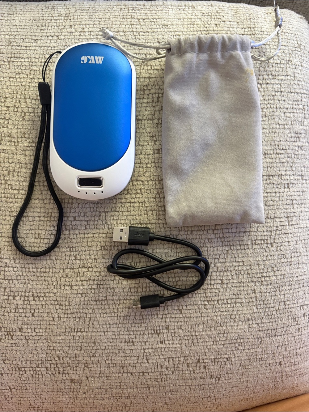 Portable Blue & White Power Bank Charger with USB Cable